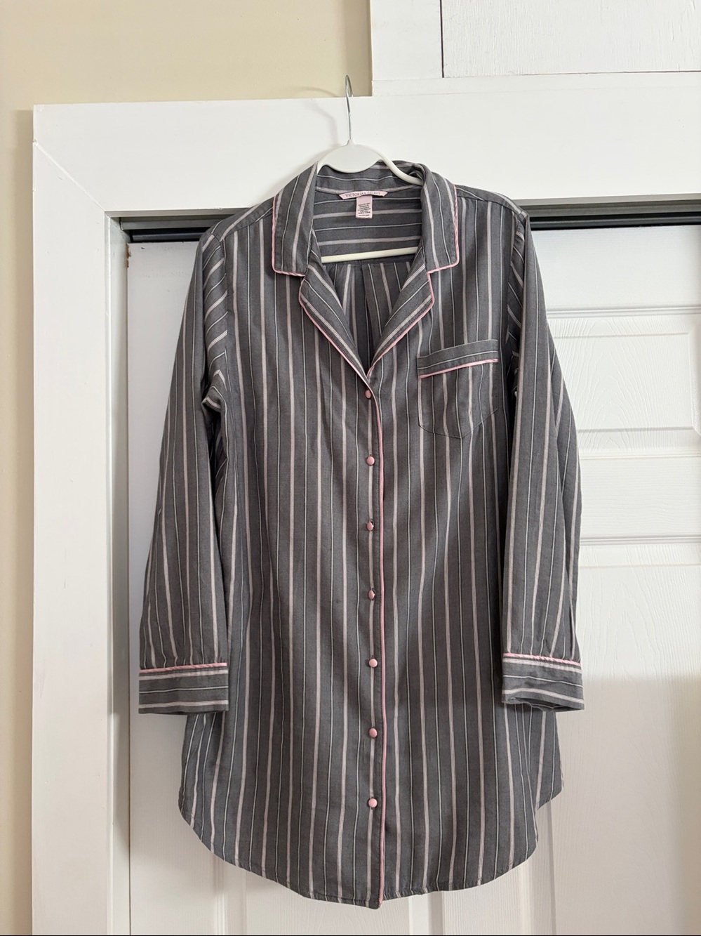 Victoria's Secret Gray & White Pinstripe Long Button Pajama Shirt
